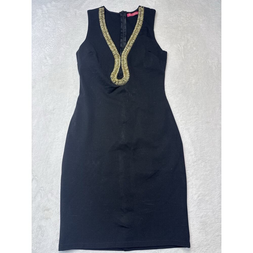 Mujer Moderna Black Embellished Dress Gold Beaded Neckline M Sleeveless Cocktail